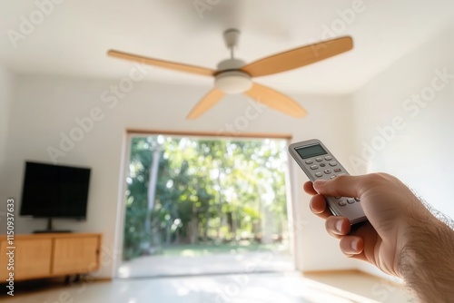 A hand holds a remote control pointed towards a modern ceiling fan in a bright, spacious room. The open doors reveal lush greenery outside, blending nature with comfort. photo