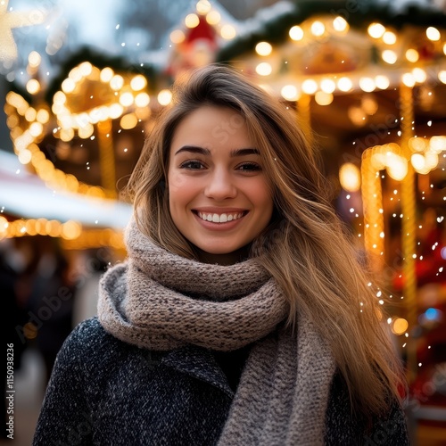 A happy young woman clad in a warm winter coat smiles brightly amidst a charming winter market, with twinkling lights and a joyful holiday atmosphere. photo