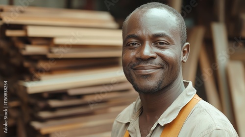 A carpenter at a workshop. An African carpenter smiles at the camera while standing at his carpentry studio, surrounded by his woodwork and wooden materials in the background.