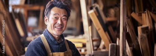 A carpenter at a workshop. A middle-aged Asian carpenter smiles at the camera while being at his carpentry studio, surrounded by his woodwork and wooden materials in the background.