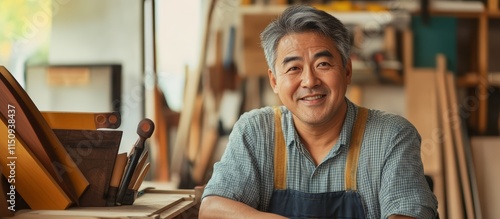 A carpenter at a workshop. A middle-aged Asian carpenter smiles at the camera while being at his carpentry studio, surrounded by his woodwork and wooden materials in the background.