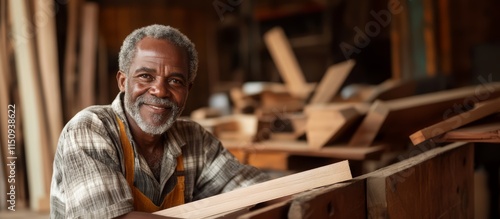 A carpenter at a workshop. A middle-aged African carpenter smiles at the camera while being at his carpentry studio, surrounded by his woodwork and wooden materials in the background.