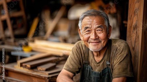 A carpenter at a workshop. An elderly Asian carpenter smiles at the camera while being at his carpentry studio, surrounded by his woodwork and wooden materials in the background.
