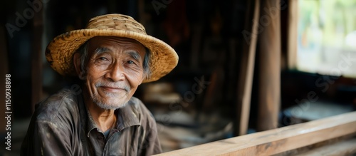 A carpenter at a workshop. An elderly Asian carpenter smiles at the camera while being at his carpentry studio, surrounded by his woodwork and wooden materials in the background.