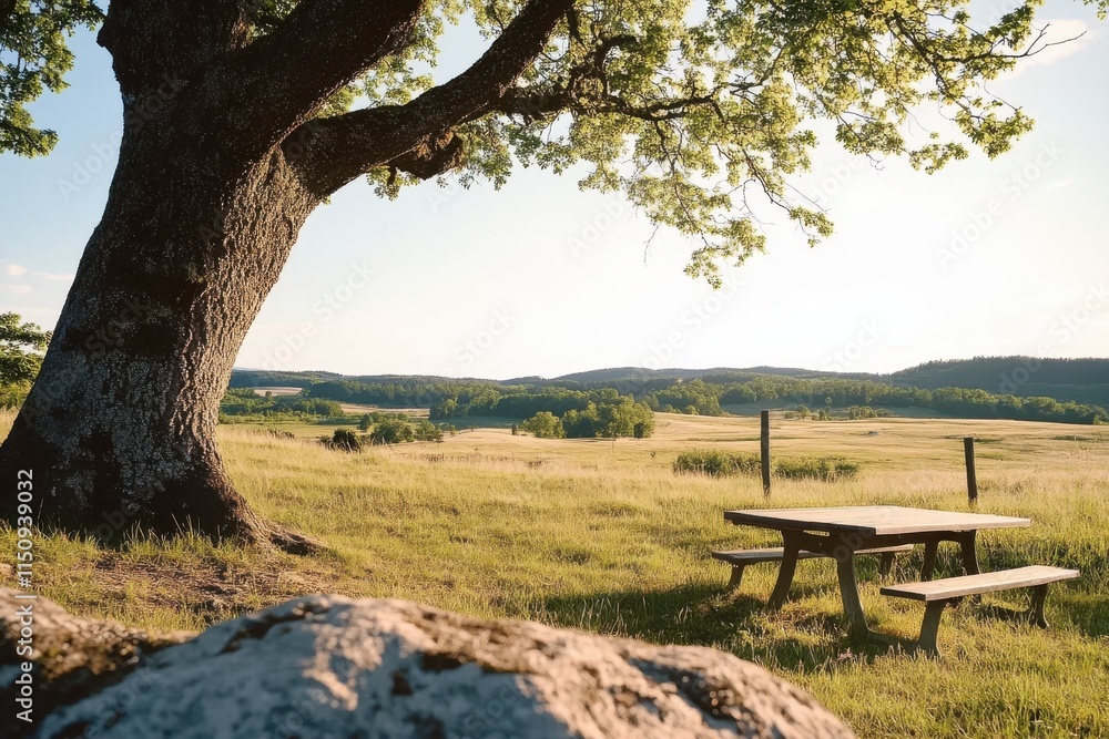 An idyllic picnic setting with a wooden table under a sprawling tree, basking in soft sunlight against a backdrop of rolling hills and open, grassy fields. An idyllic picnic setting with a wooden table under a sprawling tree, basking in soft sunlight against a backdrop of rolling hills and open, grassy fields.