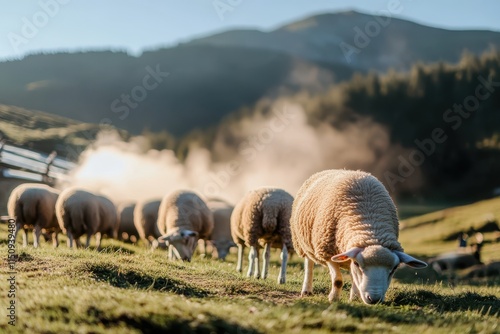 A beautiful shot of sheep grazing on sunny green fields set against a backdrop of mountains, highlighting the pastoral beauty of rural landscapes. photo