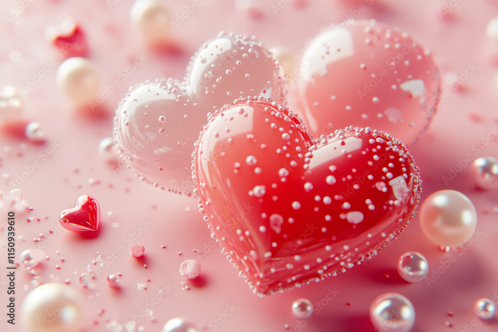 Hearts in various shades of red and pink, surrounded by pearls, create romantic atmosphere Hearts in various shades of red and pink, surrounded by pearls, create romantic atmosphere