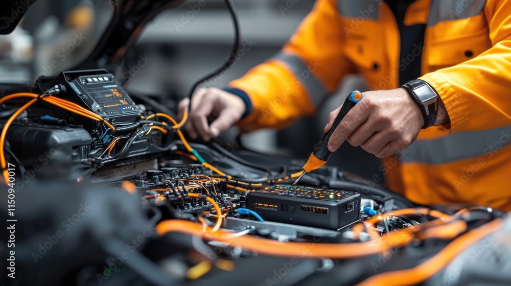 Precision Calibration of EV Car Control System by Technician with Digital Tools and Interface Close-Up Precision Calibration of EV Car Control System by Technician with Digital Tools and Interface Close-Up