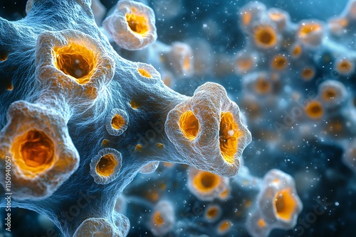 Abstract 3D Render of Microscopic Bacteria and Human Cells on Blue Background