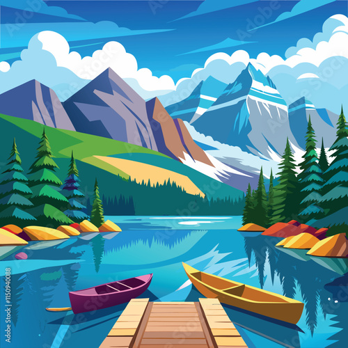 Picturesque Lake View with Bright Canoes and Majestic Mountain Vector Art generated Ai