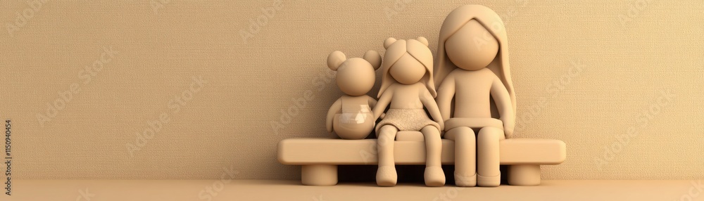 A Charming Family Scene Featuring Three Simple Figurines Sitting on a Bench Against a Soft Textured Background, Perfect for Representing Togetherness and Love A Charming Family Scene Featuring Three Simple Figurines Sitting on a Bench Against a Soft Textured Background, Perfect for Representing Togetherness and Love