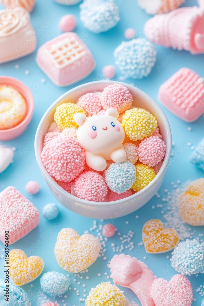 A delightful creature resembling a toy surrounded by vivid, textured pastel candies, set within a bowl, capturing joy and creativity with bright visual appeal. A delightful creature resembling a toy surrounded by vivid, textured pastel candies, set within a bowl, capturing joy and creativity with bright visual appeal.