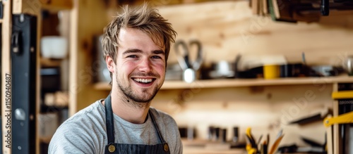 A carpenter at a workshop. A young American capenter smiles at the camera while being at his carpentry studio, surrounded by his woodwork and wooden materials in the background.