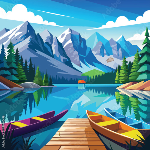 Colorful Reflections Canoes on a Peaceful Lake with Towering Mountains Vector Illustraion Art generated Ai