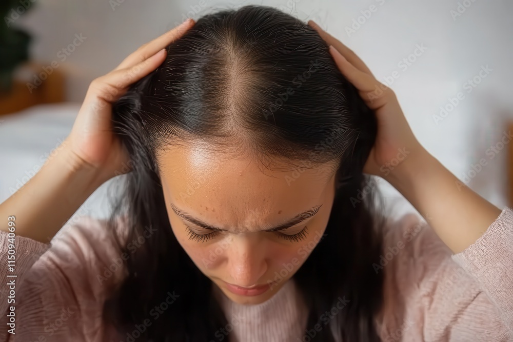 Woman examines her hair closely by separating it with both hands, highlighting concerns about hair thinning, loss or scalp problems in a personal indoor space.