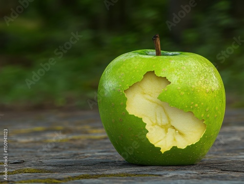 Unique Green Apple with Intriguing Bite Mark Displaying Creative Design in Nature Setting for Stock Photography Usage photo