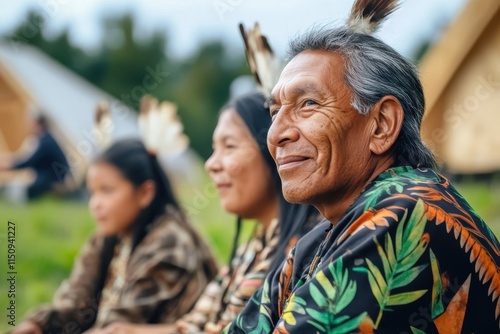 An elder, in ethnic attire and feather adornments, smiles warmly while surrounded by companions, illustrating wisdom, resilience, and cultural pride. photo