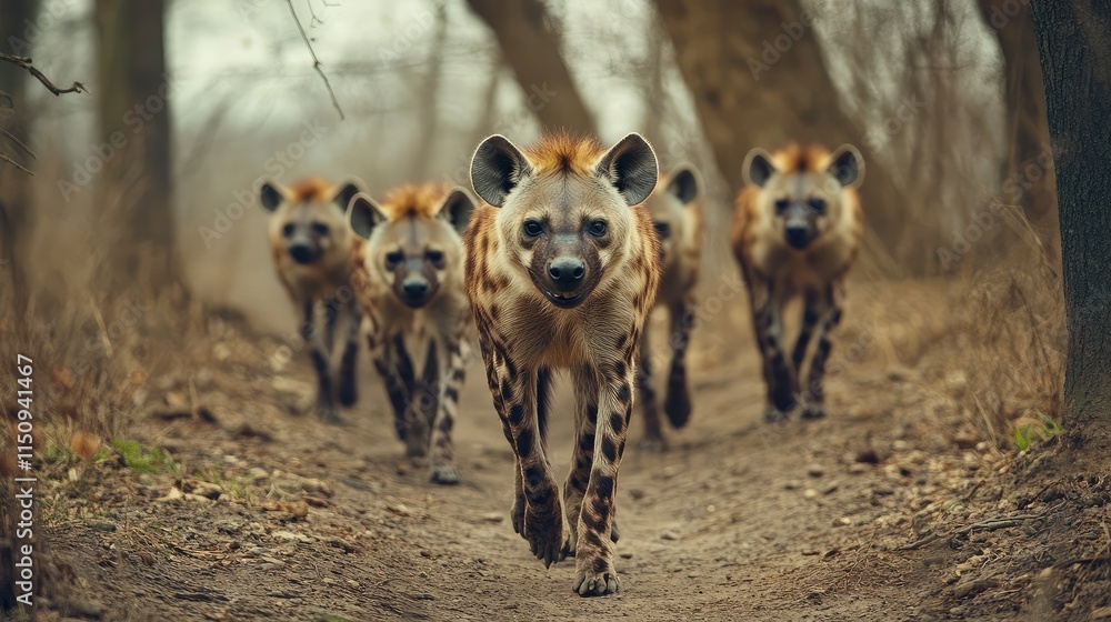 Fototapeta premium Five Hyenas Approaching the Camera through a Dense Forest Path with Natural Lighting and Earthy Tones Capturing a Wild and Untamed Atmosphere