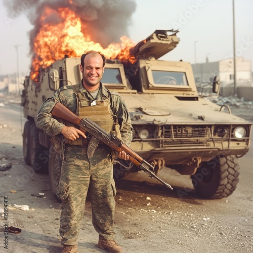 A soldier in military attire poses with a firearm, standing defiantly in front of a burning vehicle, representing courage and resilience in chaotic environments. photo