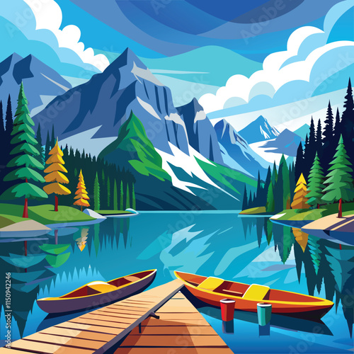 Colorful Painting of a lake with canoes and mountains Vector illustraion in the background generated Ai