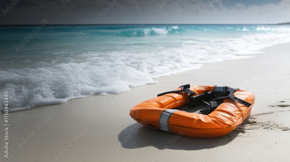 Orange Lifebuoy on Sandy Beach Shoreline with Gentle Waves and Cloudy Sky, Symbolizing Safety and Marine Life Preservation in Tranquil Coastal Environment Orange Lifebuoy on Sandy Beach Shoreline with Gentle Waves and Cloudy Sky, Symbolizing Safety and Marine Life Preservation in Tranquil Coastal Environment