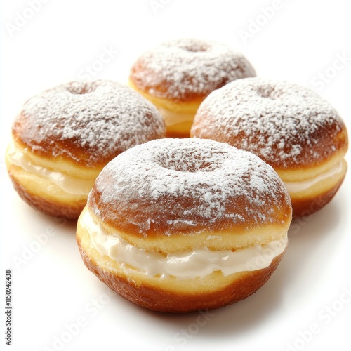 Four cream-filled doughnuts dusted with powdered sugar on a white background.