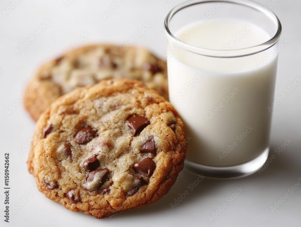 A glass of milk beside two chocolate chip cookies on a light surface. A glass of milk beside two chocolate chip cookies on a light surface.