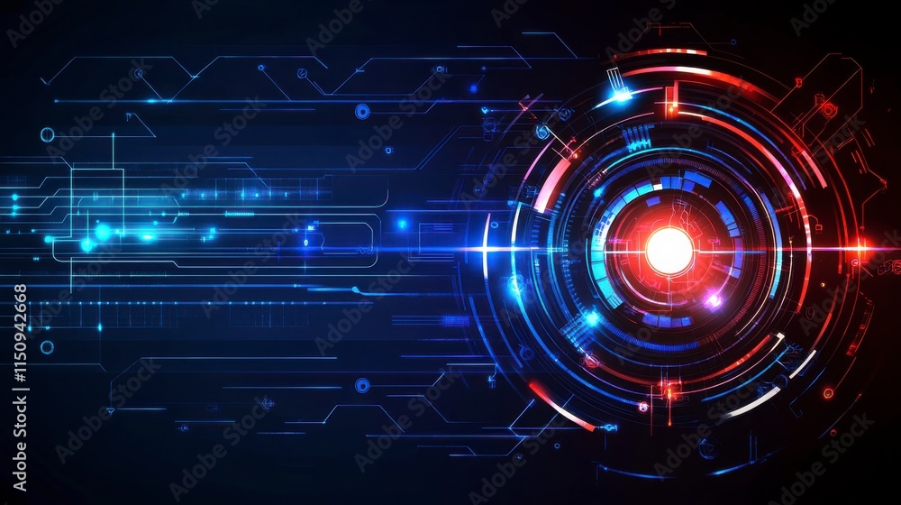 Fototapeta premium Futuristic Technology Abstract Background with Blue and Red Glowing Circular Patterns and Light Effects for Digital Design and Multimedia Applications