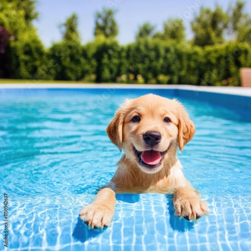 Happy Golden Retriever Puppy Enjoying a Refreshing Swim in a Bright Blue Pool Surrounded by Lush Green Grass and Trees Under a Clear Sunny Sky