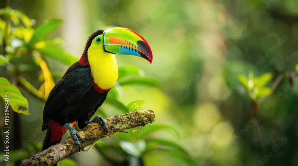 Naklejka premium Vibrant Toucan Perched on a Branch in Lush Tropical Foliage