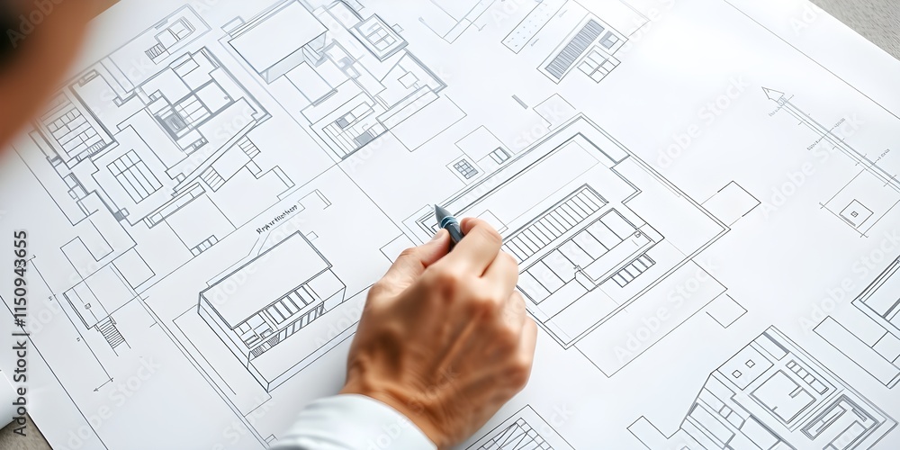 architect working on project. An architect's hand meticulously draws a building plan with a pen, capturing the essence of architectural planning and design, emphasizing precision and creativity architect working on project. An architect's hand meticulously draws a building plan with a pen, capturing the essence of architectural planning and design, emphasizing precision and creativity