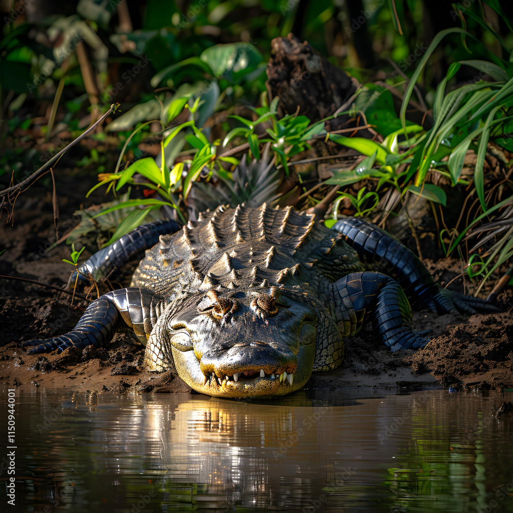Fototapeta premium Wild Crocodile Sunbathing on Riverbank, Displaying Majestic and Predatory Features in Natural Habitat