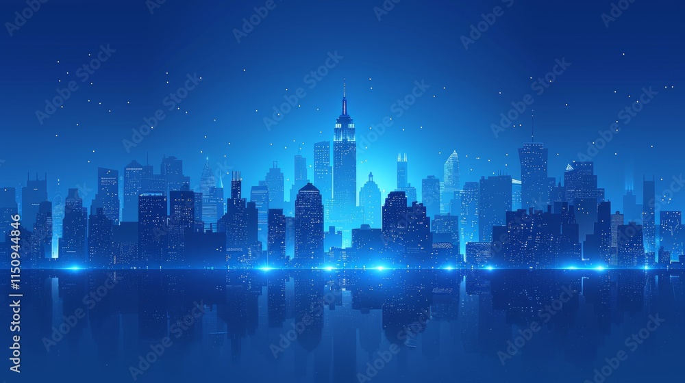 Night cityscape skyline reflected in water, illuminated buildings, stars. Night cityscape skyline reflected in water, illuminated buildings, stars.