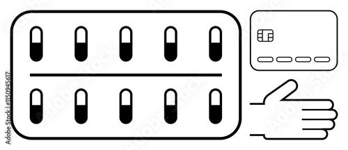 Blister pack of pills, credit card, and hand gesture highlighting convenience and accessibility. Ideal for health care, online pharmacy, medication management, e-commerce, financial transactions