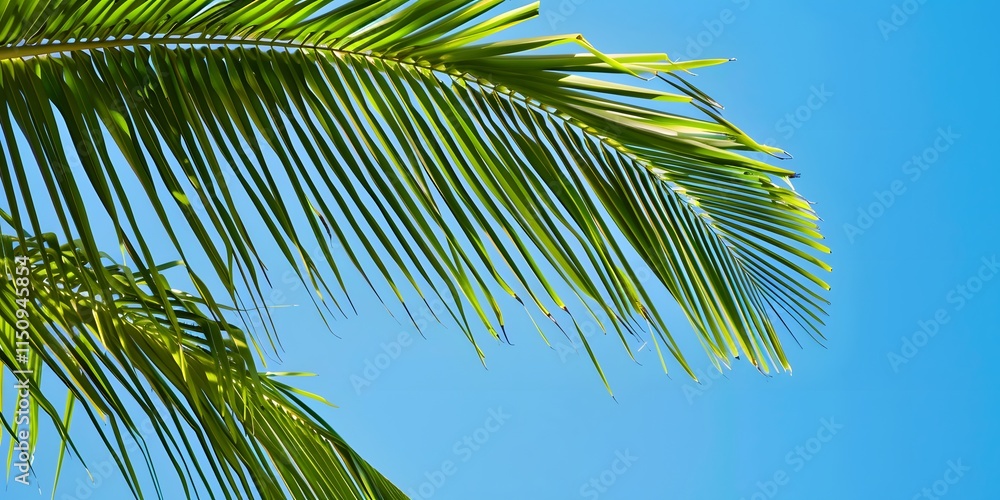 Close-up of green palm tree leaves with a vivid blue sky as the natural backdrop Close-up of green palm tree leaves with a vivid blue sky as the natural backdrop