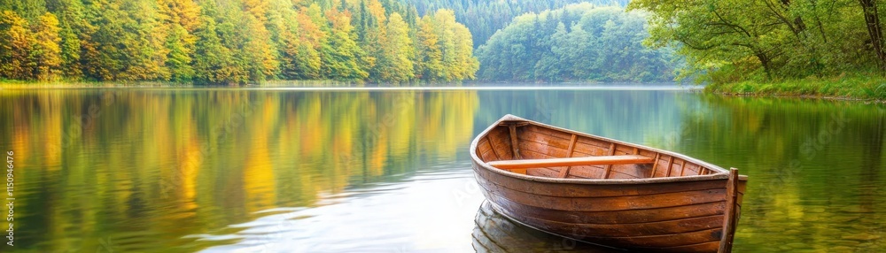 Obraz premium slow life relaxation concept. Serene lake scene with a wooden boat surrounded by vibrant autumn foliage.
