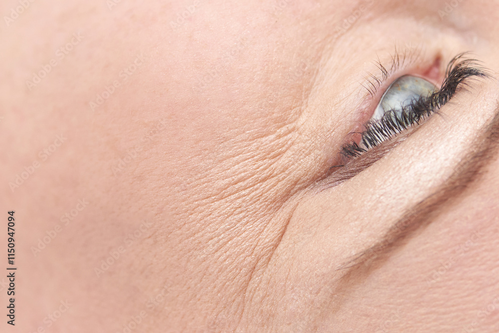 Obraz premium Close up of caucasian female mature eye with detailed wrinkles and expression lines.