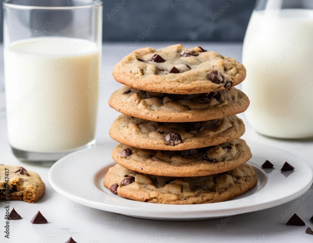 Stack of Chocolate Chip Cookies with a Glass of Milk Stack of Chocolate Chip Cookies with a Glass of Milk