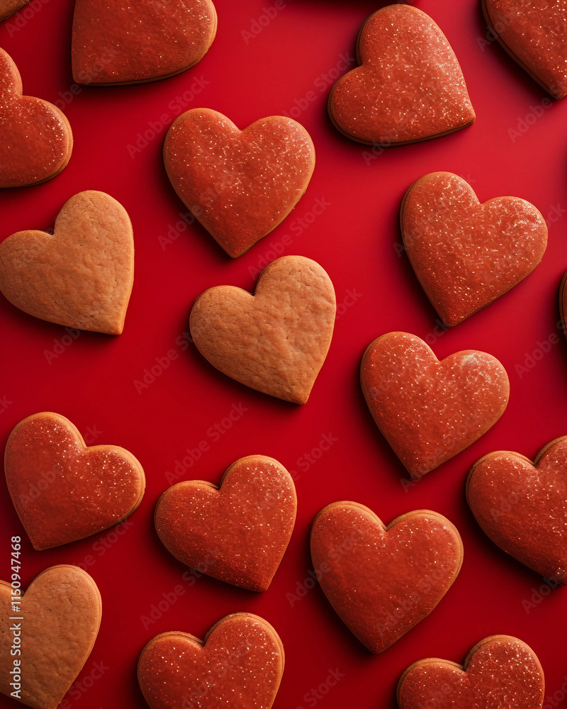 Heart-shaped Valentine's Day Cookies on a Red Surface Heart-shaped Valentine's Day Cookies on a Red Surface