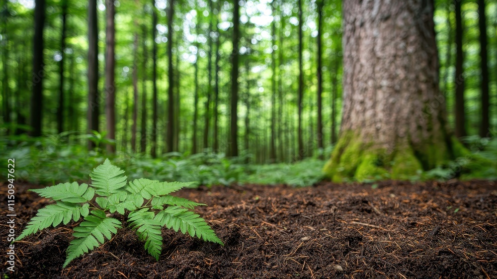 Fototapeta premium Forest Floor Fern: A vibrant green fern sprout emerges from rich soil, nestled at the base of a moss-covered tree in a lush forest. The image evokes a sense of growth, renewal.