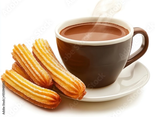 A cup of hot chocolate beside three churros on a plate, creating a cozy snack scene.