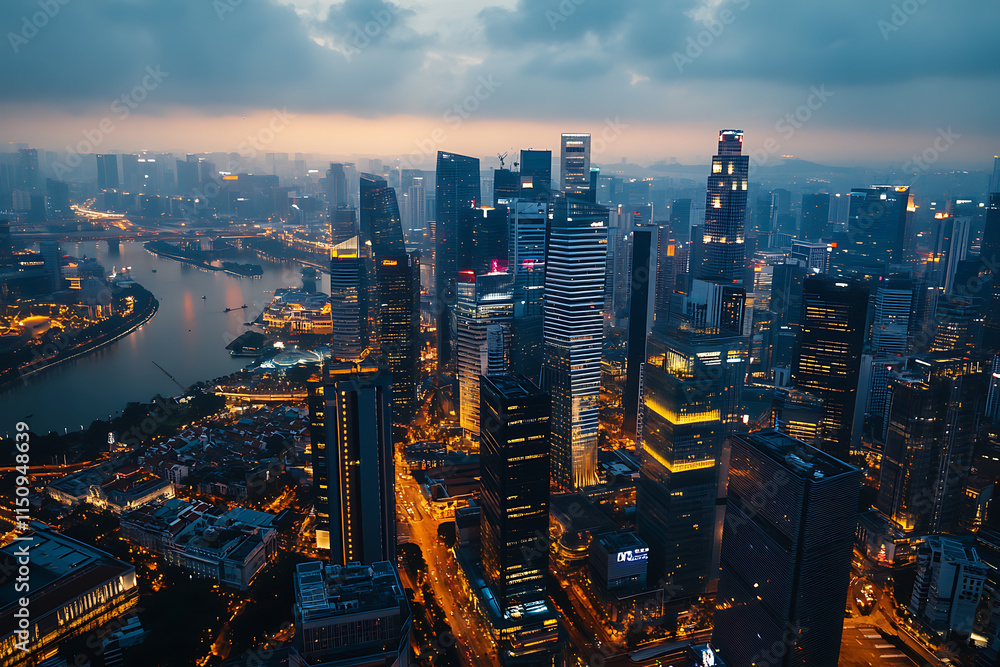 Fototapeta premium Singapore Cityscape at Night: A Stunning Aerial View