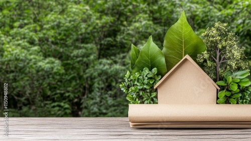 A houseshaped planter with vibrant green leaf symbolizes harmonious blend of nature and home decor. photo