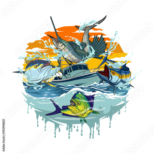 marlin sailfish tuna mahi mahi dorado wahoo boat fishing illustration logo vector image t shirt