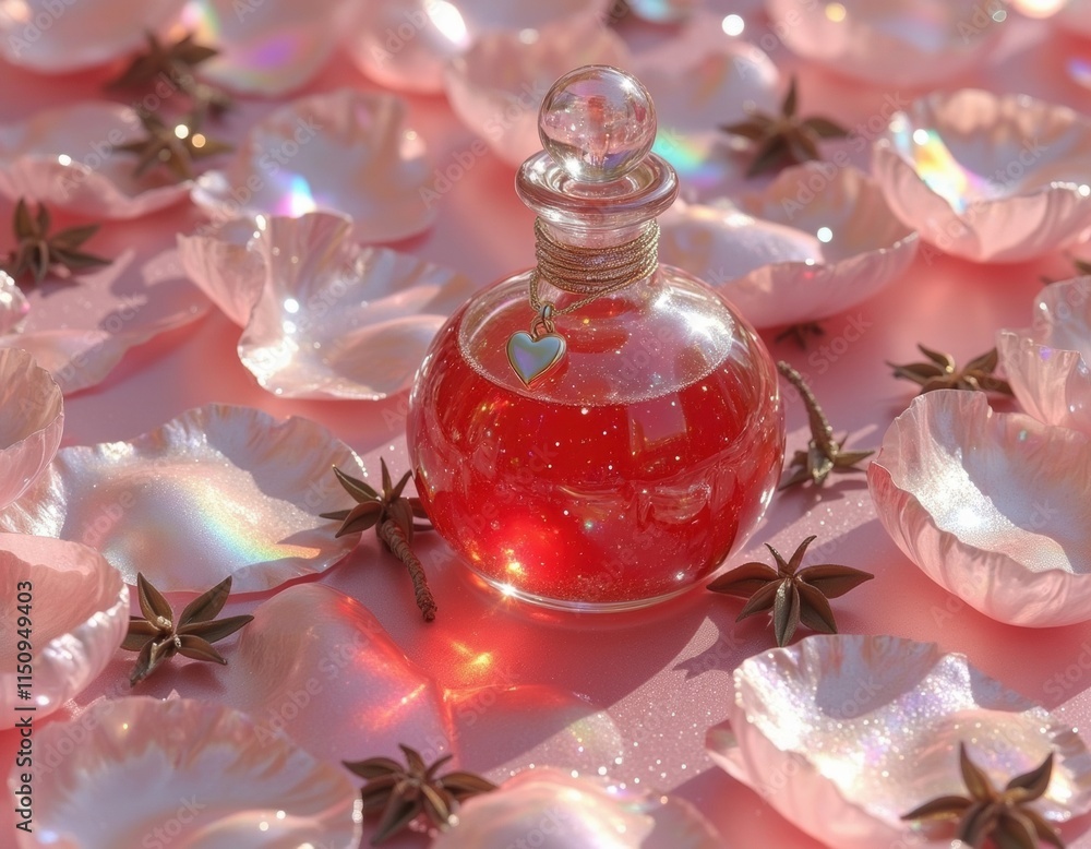 A Love Potion filled with a vibrant red liquid, adorned with a heart-shaped charm and mystical atmosphere. A Love Potion filled with a vibrant red liquid, adorned with a heart-shaped charm and mystical atmosphere.