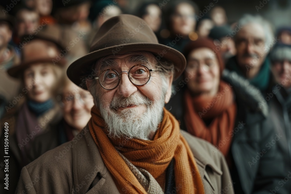 Portrait of senior man with hat and glasses on blurred crowd background Portrait of senior man with hat and glasses on blurred crowd background