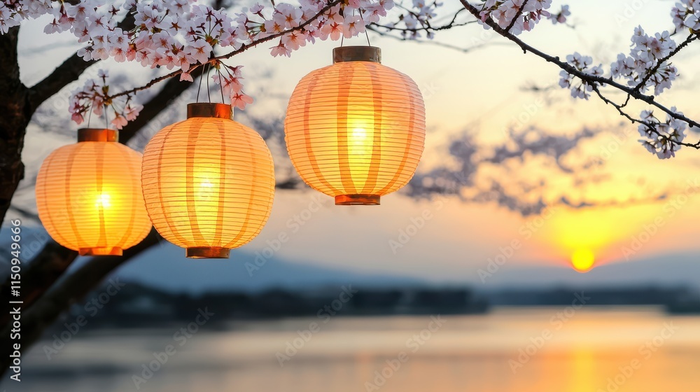 Fototapeta premium A serene sunset scene with illuminated lanterns hanging from branches adorned with cherry blossoms, reflecting tranquil beauty over water.