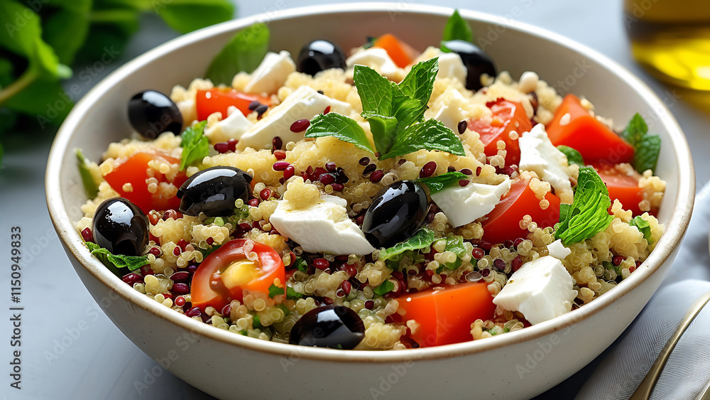 Healthy and vibrant couscous salad with feta cheese, olives, tomatoes, and fresh mint. Perfect for a light lunch or healthy meal. Healthy and vibrant couscous salad with feta cheese, olives, tomatoes, and fresh mint. Perfect for a light lunch or healthy meal.