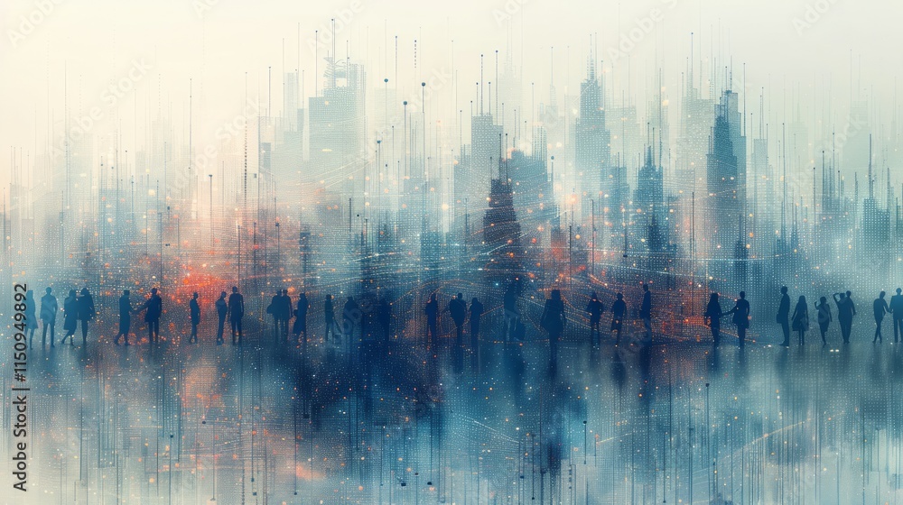 Silhouetted figures in a hazy futuristic cityscape. Silhouetted figures in a hazy futuristic cityscape.
