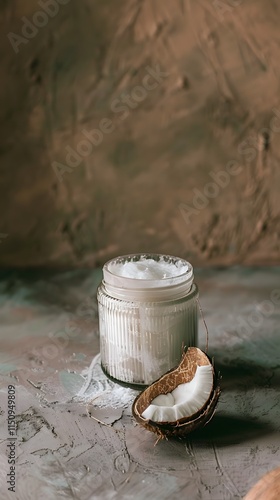 Wallpaper Mural Rustic coconut oil jar next to a cracked coconut shell, showcasing tropical beauty. Torontodigital.ca